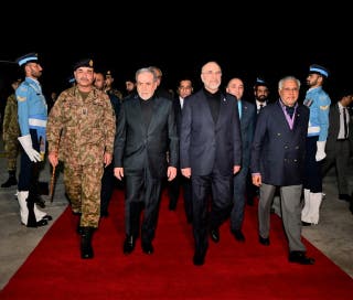 The Iranian delegation led by parliament speaker Mohammad Baqer Qalibaf and foreign minister Abbas Araqchi is welcomed by Pakistan's chief of army staff Asim Munir and minister for foreign affairs Mohammad Ishaq Dar, as Pakistan prepares to host the US and Iran for peace talks, in Islamabad